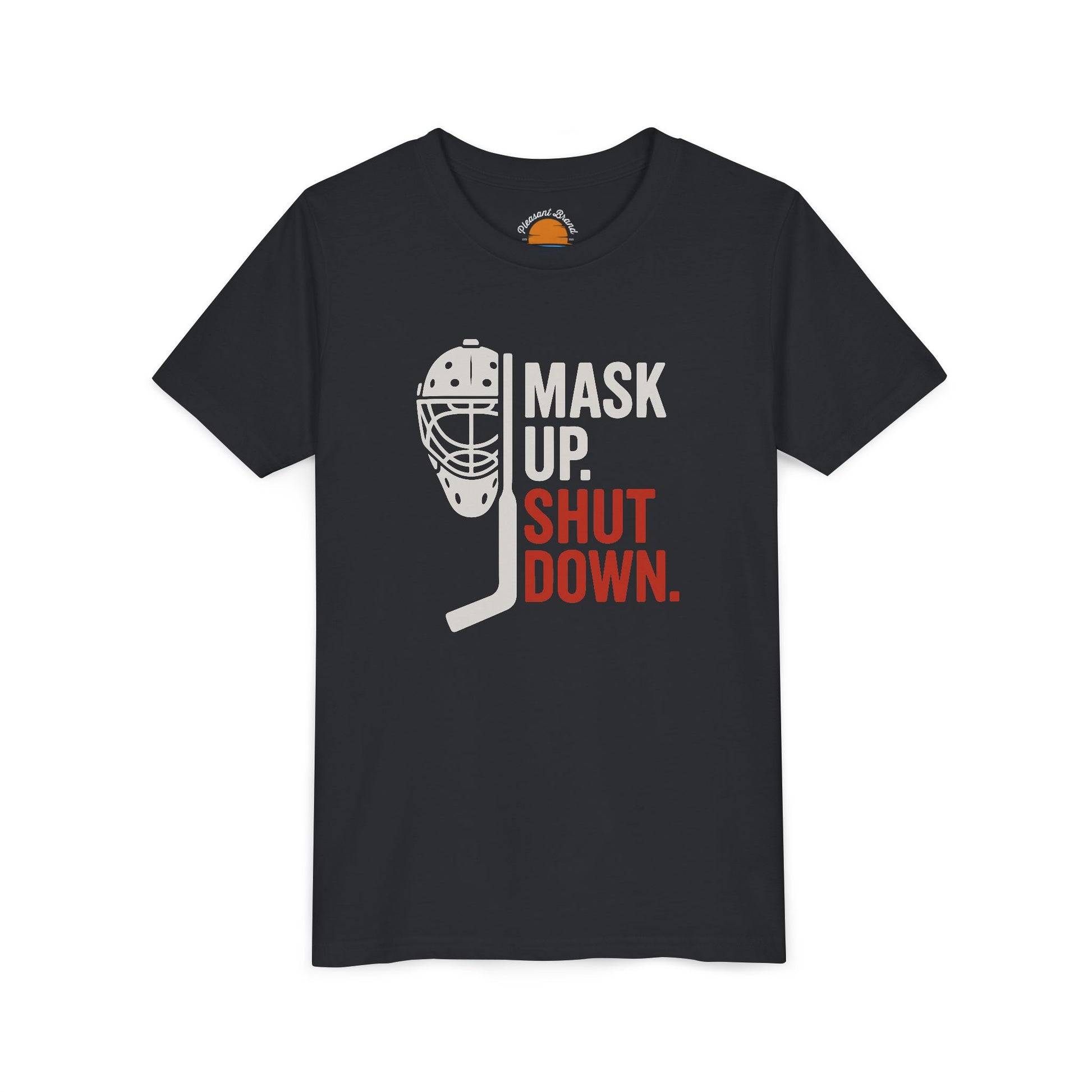 Vintage black t-shirt with a graphic of a hockey mask and text 'MASK UP. SHUT DOWN.' on a white background