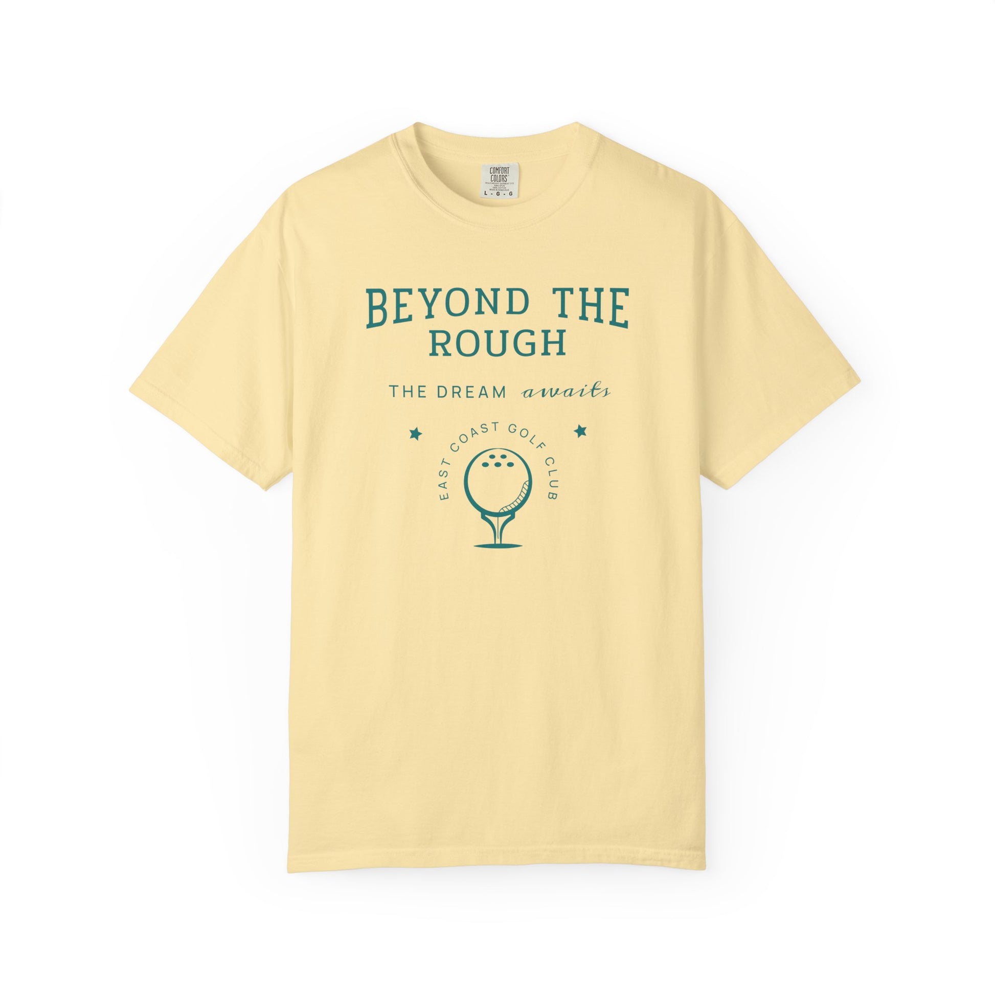 Yellow t-shirt with 'Beyond the Rough' text and golf graphic on a white background