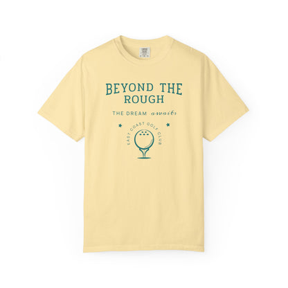 Yellow t-shirt with 'Beyond the Rough' text and golf graphic on a white background