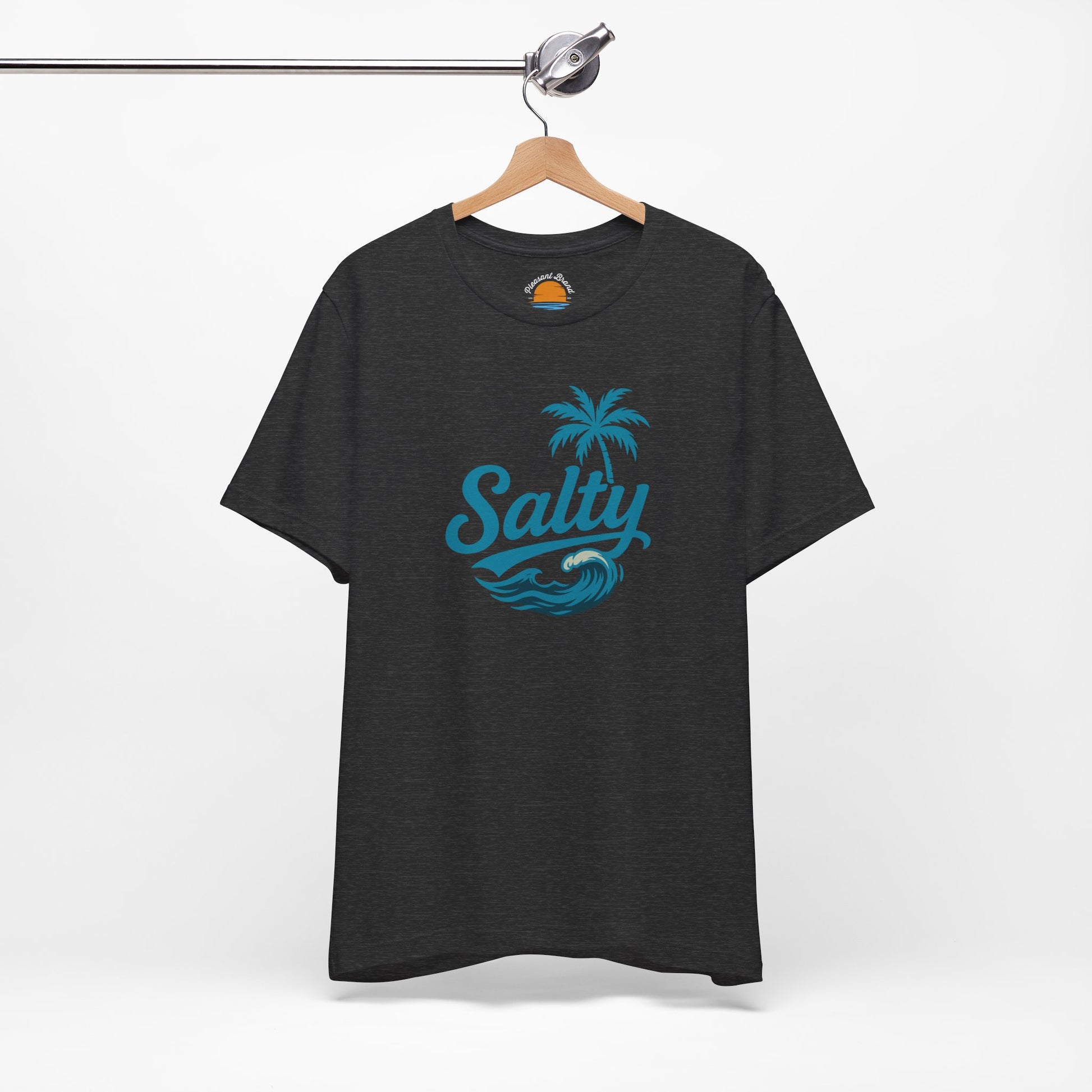 Dark grey heather t-shirt with 'Salty' blue wave and palm tree design on a hanger against a white background