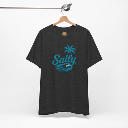 Dark grey heather t-shirt with 'Salty' blue wave and palm tree design on a hanger against a white background
