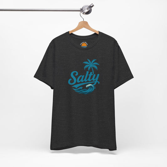 Dark grey heather t-shirt with 'Salty' blue wave and palm tree design on a hanger against a white background