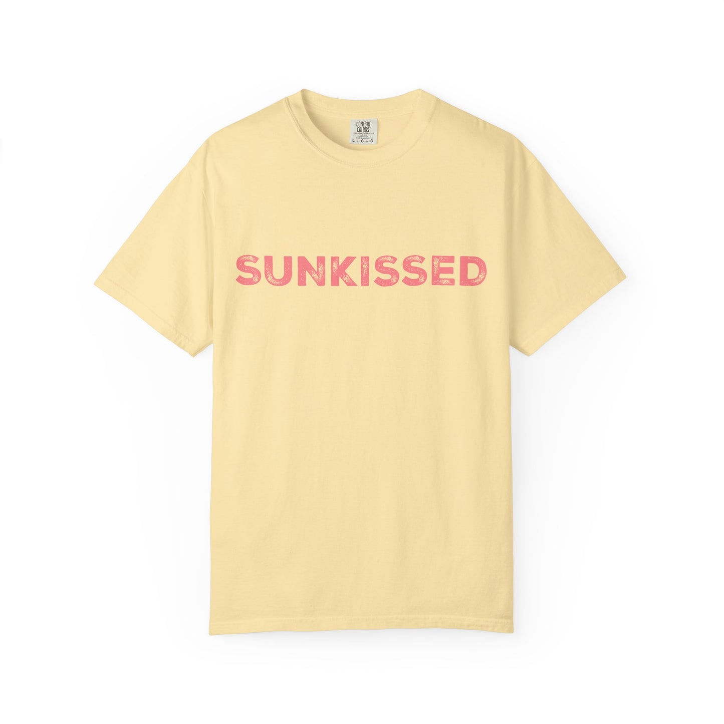 Banana color Comfort Colors T-shirt with 'Sunkissed'  text in pink on a white background