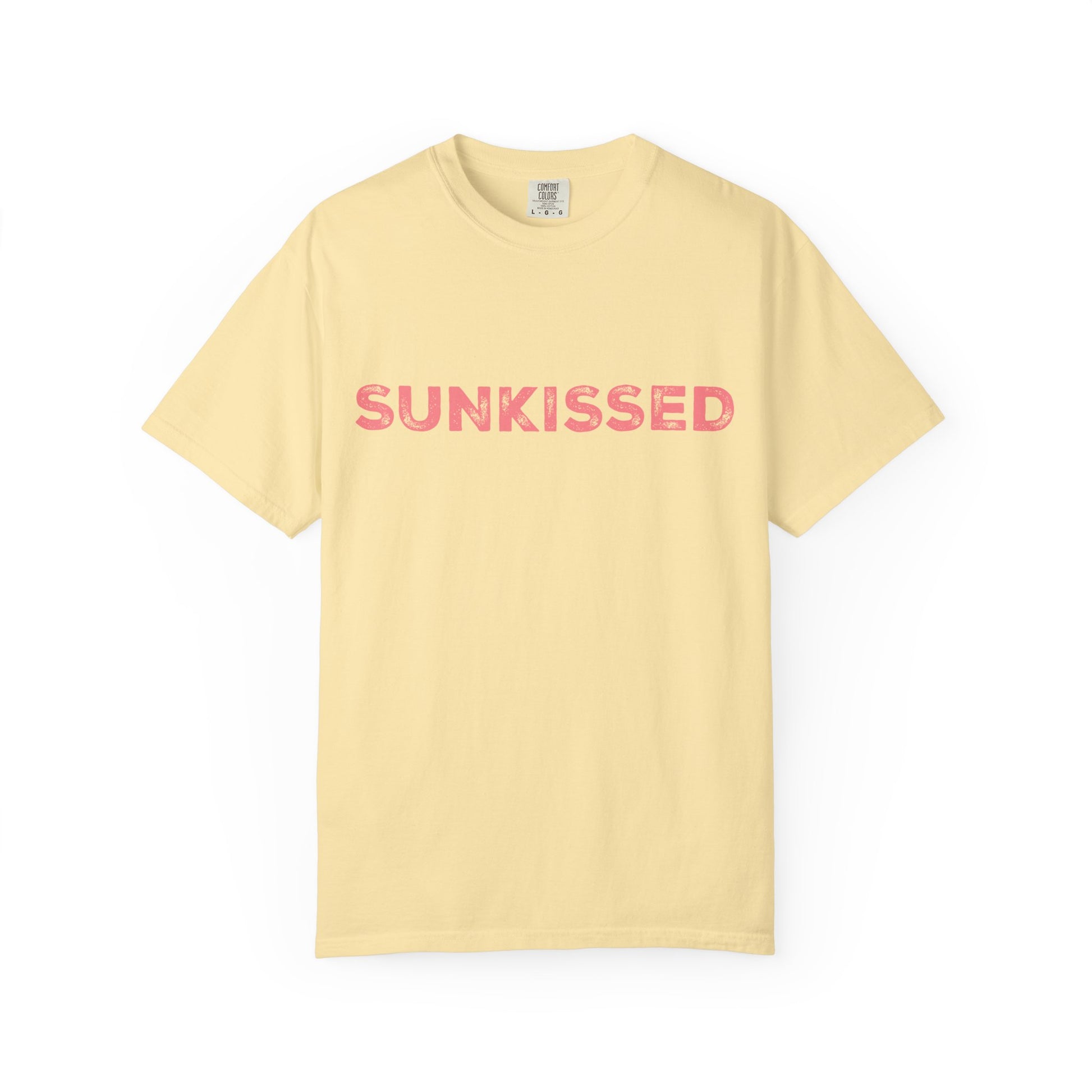 Banana color Comfort Colors T-shirt with 'Sunkissed'  text in pink on a white background
