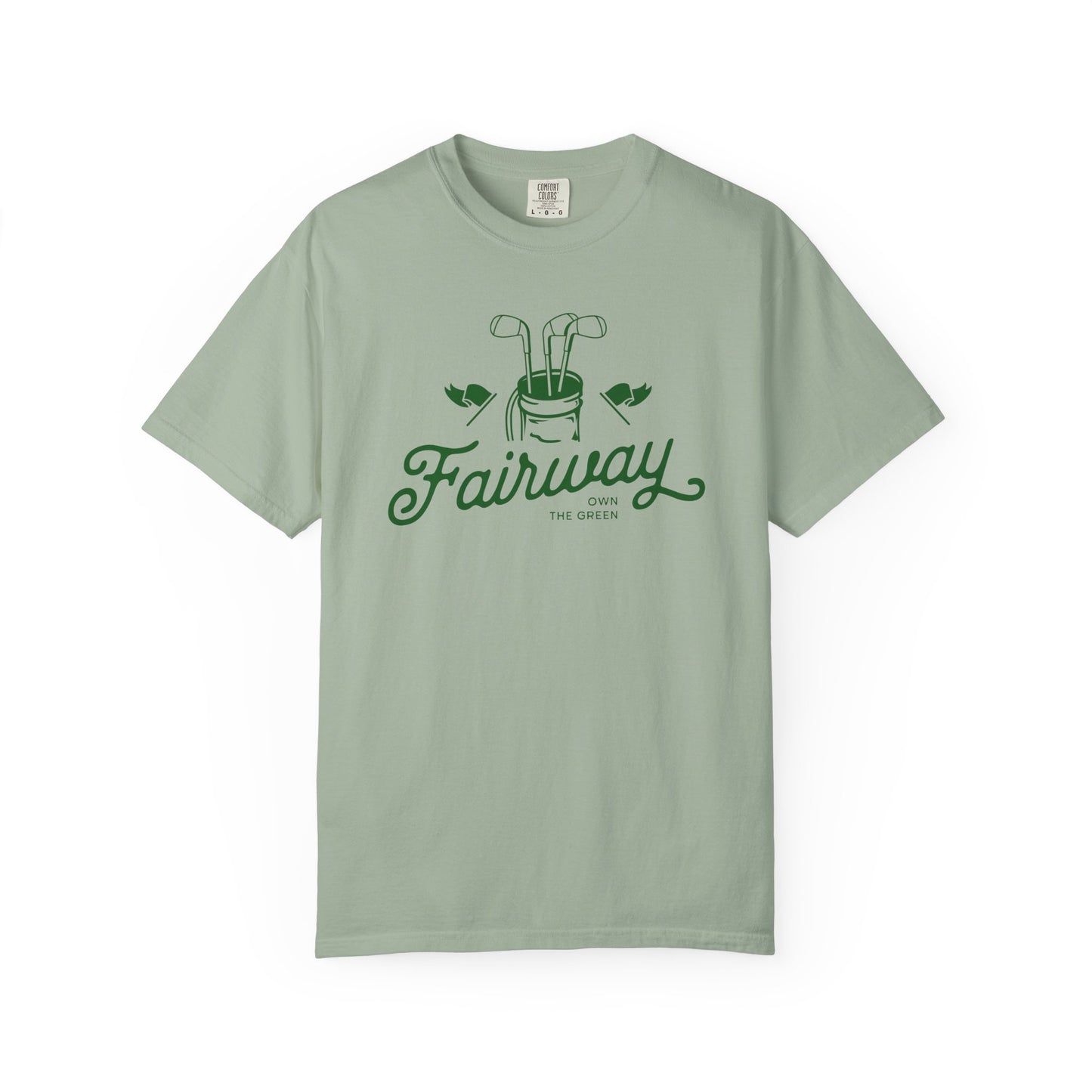 Green t-shirt with 'Fairway' logo on a white background