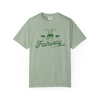 Green t-shirt with 'Fairway' logo on a white background