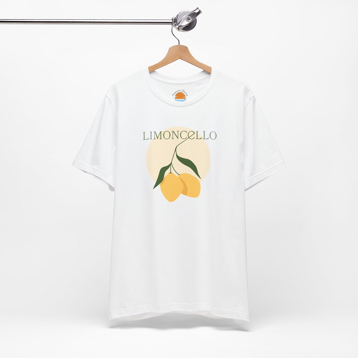 White t-shirt with lemon graphic and 'Limoncello' text on a hanger against a white background