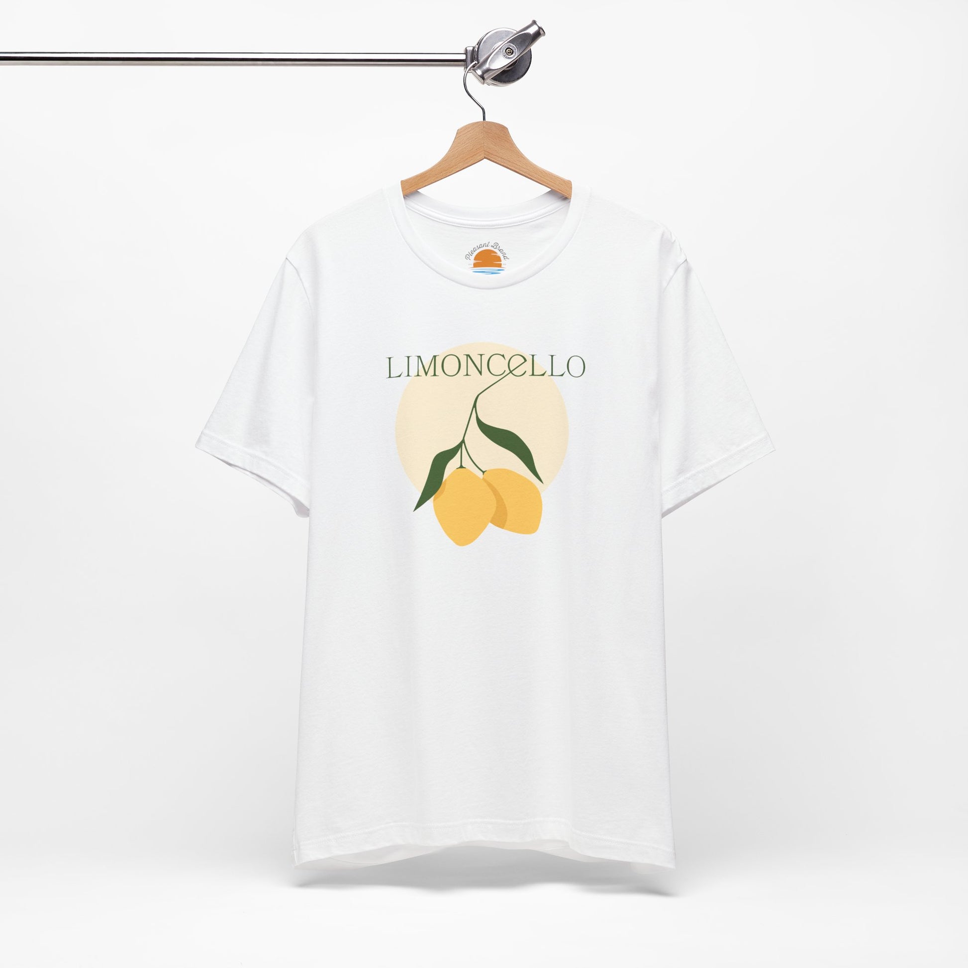 White t-shirt with lemon graphic and 'Limoncello' text on a hanger against a white background