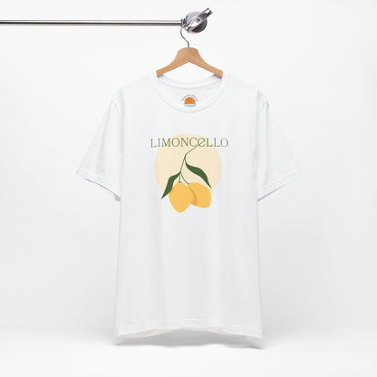 White t-shirt with lemon graphic and 'Limoncello' text on a hanger against a white background