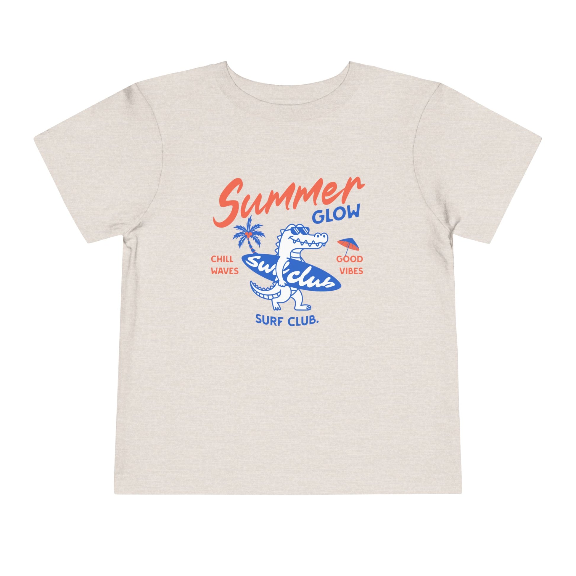Beige t-shirt with 'Summer Glow Surf Club' graphic design on a white background