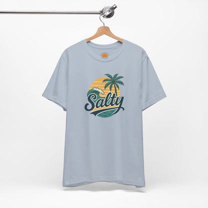Light blue t-shirt with 'Salty' graphic on a hanger against a white background