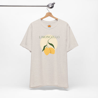 Beige t-shirt with limoncello graphic on a hanger against a white background
