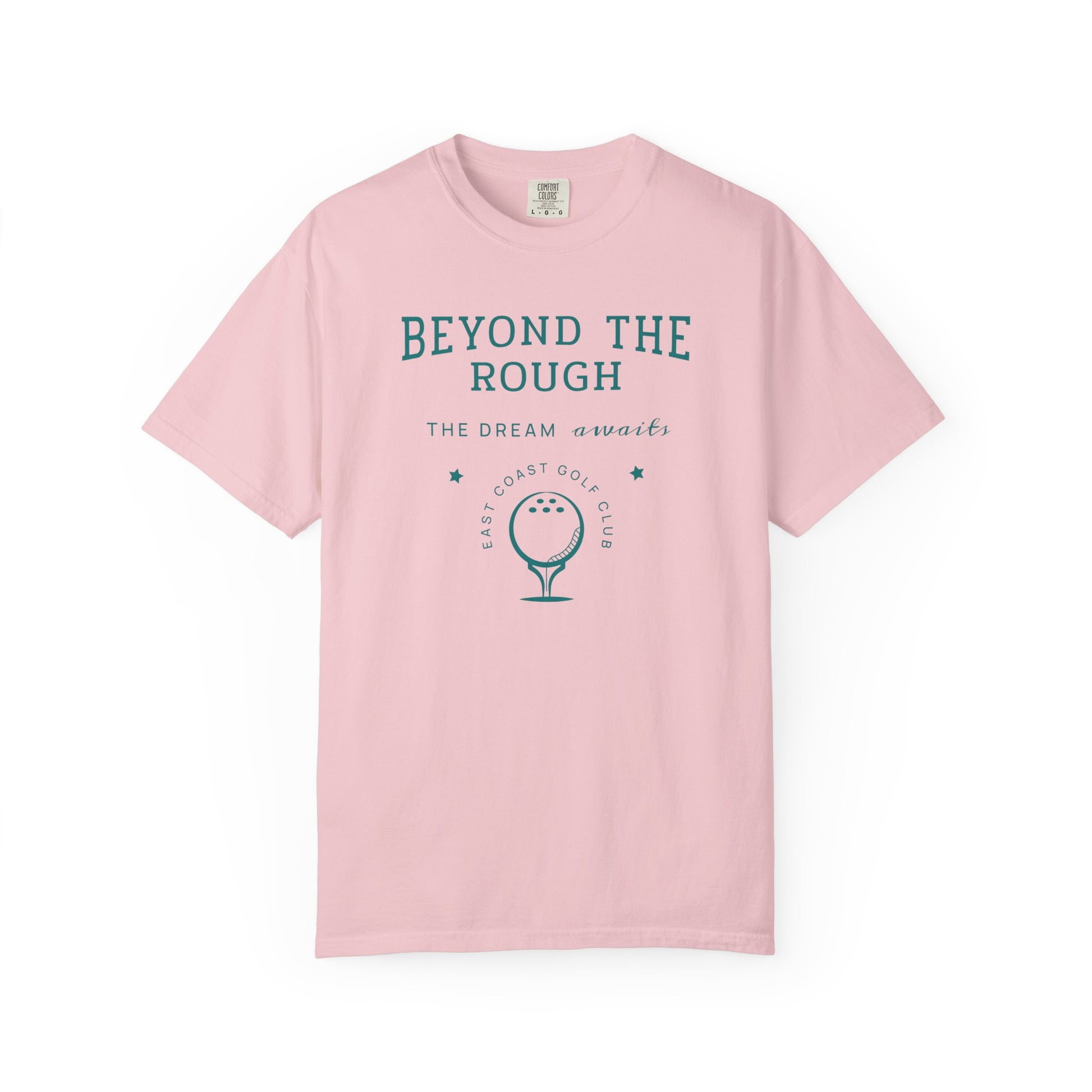Pink t-shirt with 'Beyond the Rough' text and golf graphic on a white background