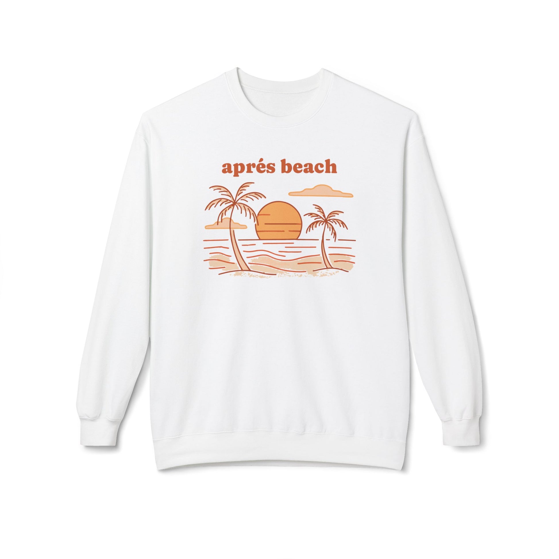 A white crewneck sweatshirt featuring a retro-style beach graphic with two palm trees, a sunset, and the text 'aprés beach' in orange on the chest, displayed against a clean white background.
