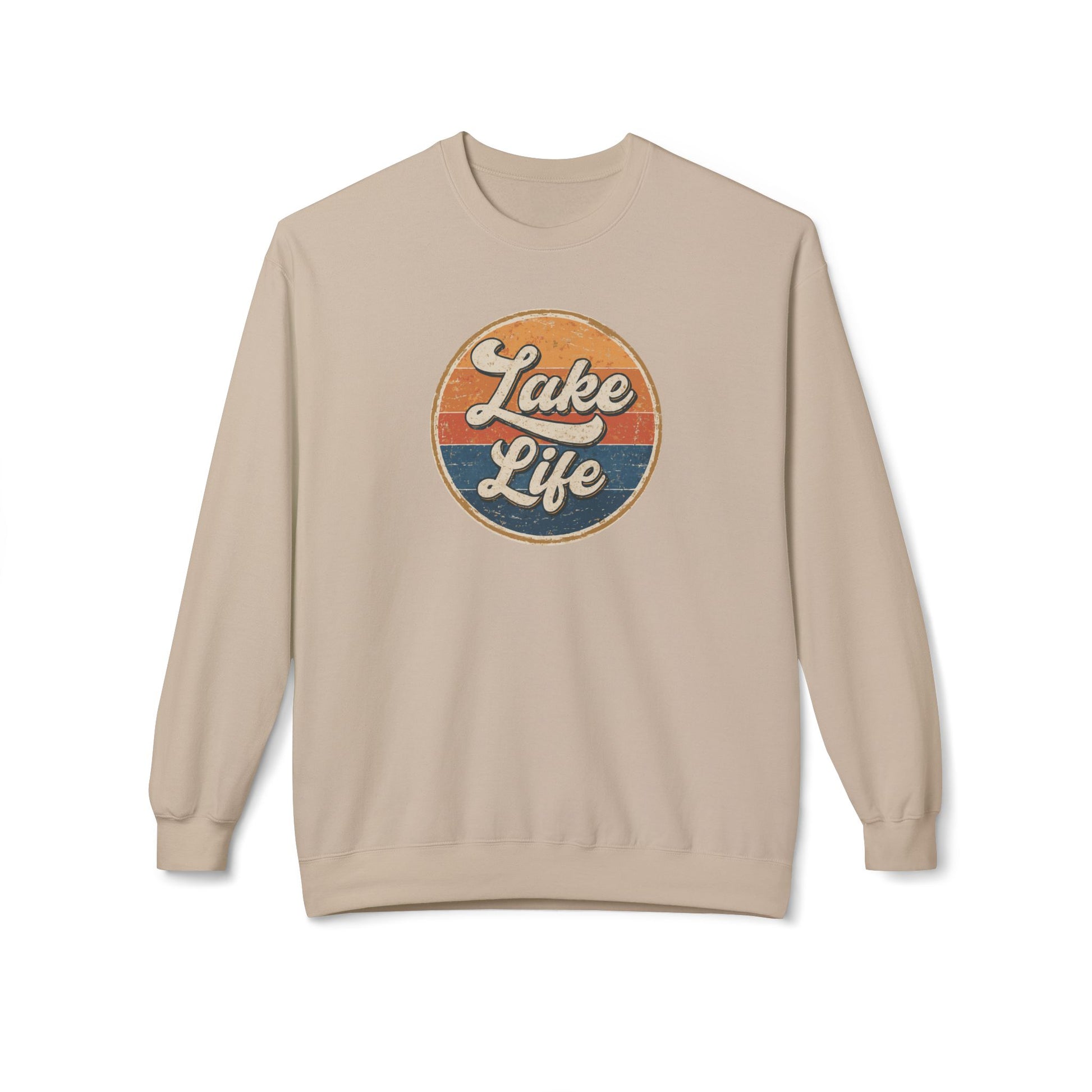 A beige crewneck sweatshirt featuring a circular retro-style graphic on the chest with the text 'Lake Life' in white script over orange and blue sunset stripes.