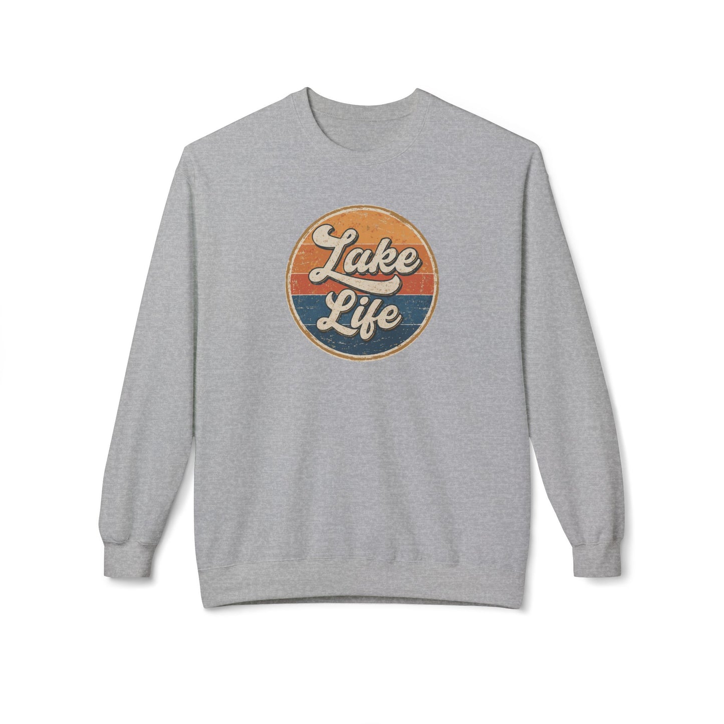A heather gray crewneck sweatshirt featuring a circular retro-style graphic on the chest with the words 'Lake Life' in white script over orange and blue stripes.