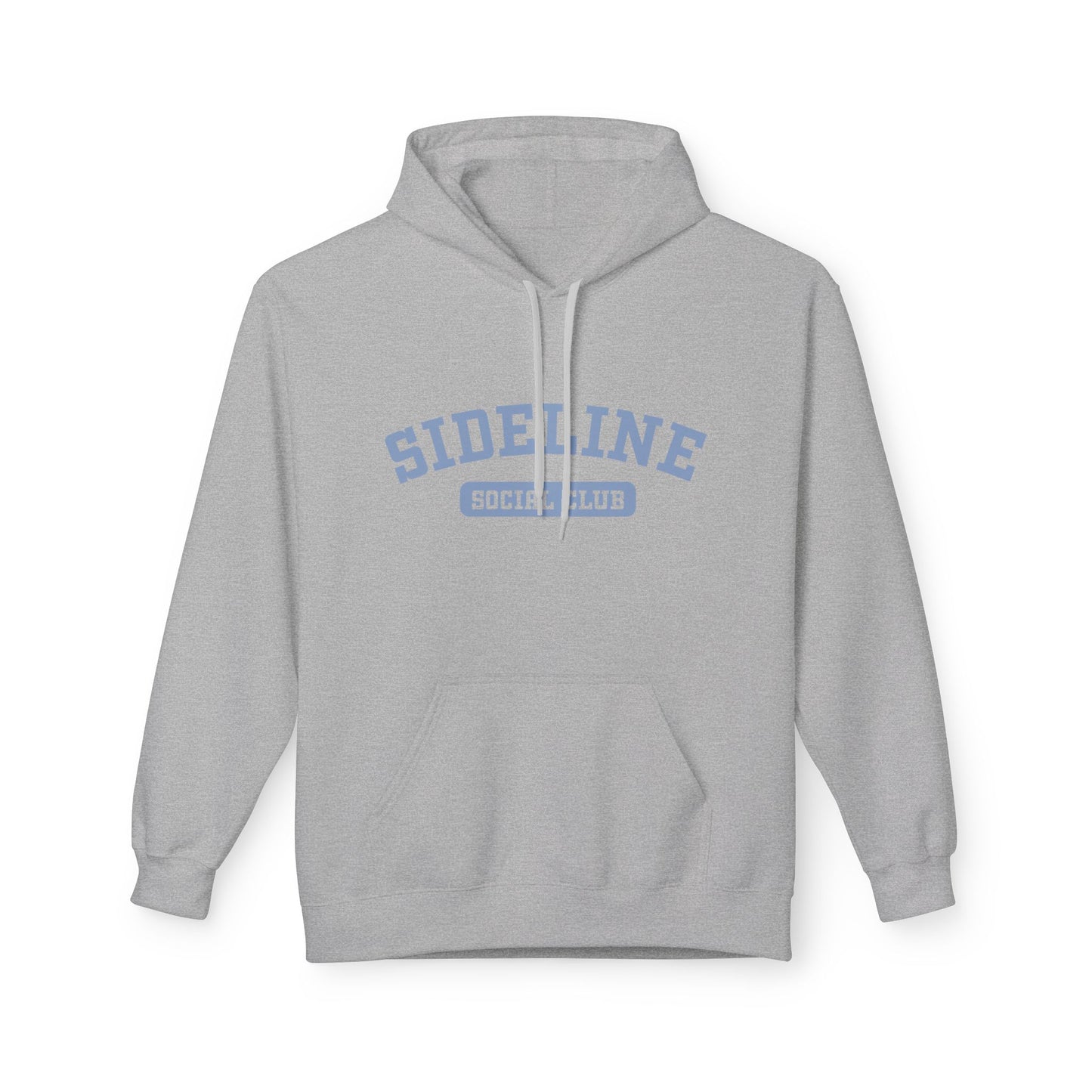 A light gray pullover hoodie with a light blue graphic on the chest reading 'SIDELINE' and 'SOCIETY CLUB' underneath, shown on a plain white background.