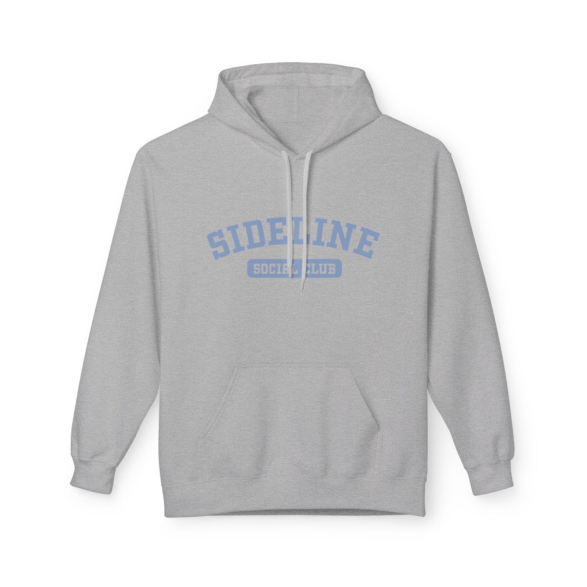 A light gray pullover hoodie with a light blue graphic on the chest reading 'SIDELINE' and 'SOCIETY CLUB' underneath, shown on a plain white background.
