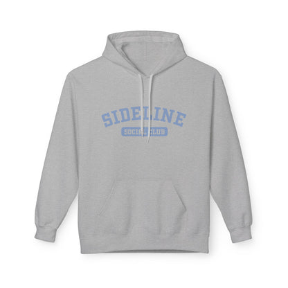 A light gray pullover hoodie with a light blue graphic on the chest reading 'SIDELINE' and 'SOCIETY CLUB' underneath, shown on a plain white background.