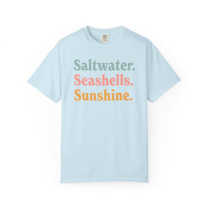 Chambray Comfort Colors t-shirt with colorful text 'Saltwater. Seashells. Sunshine.' on a white background