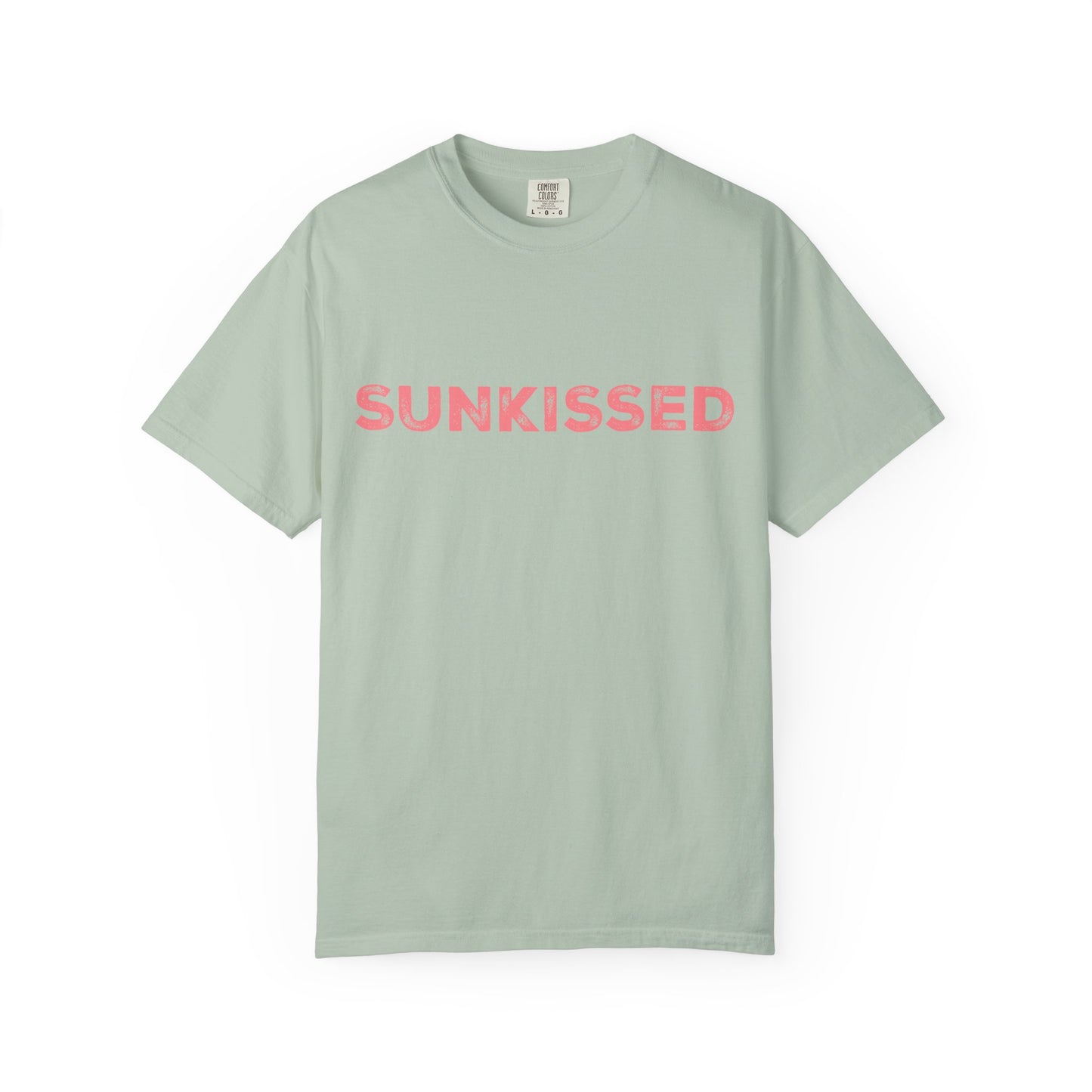 Bay color Comfort Colors T-shirt with 'Sunkissed'  text in pink on a white background