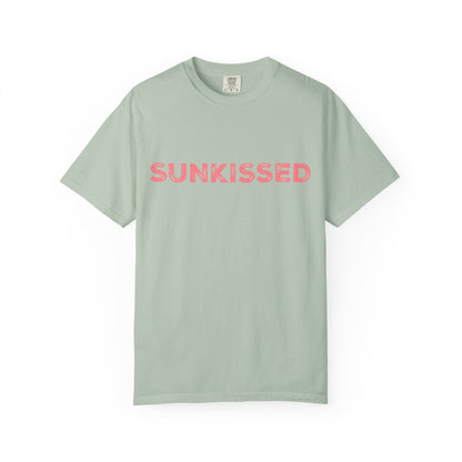 Bay color Comfort Colors T-shirt with 'Sunkissed'  text in pink on a white background