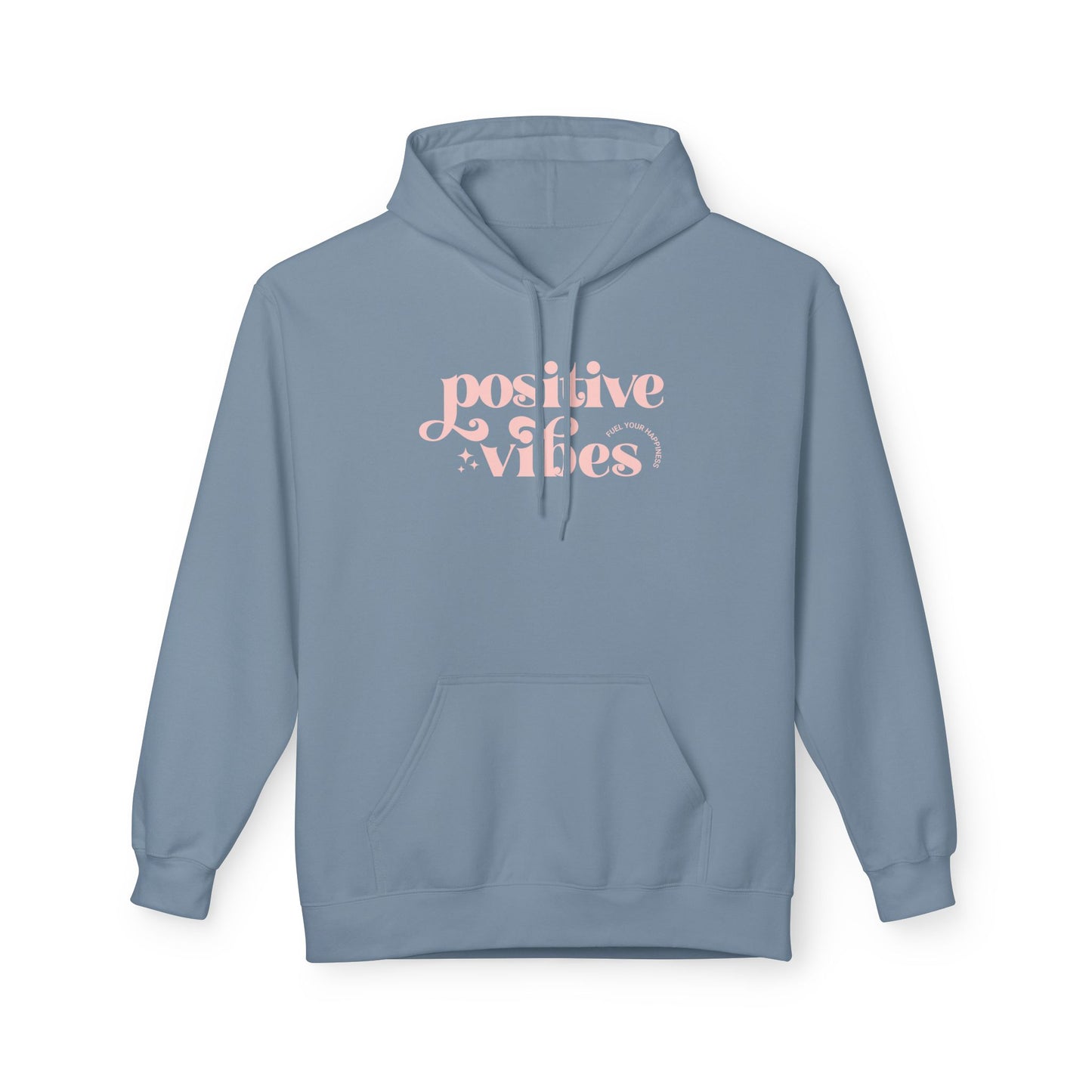 Blue hoodie with text and graphic on a white background