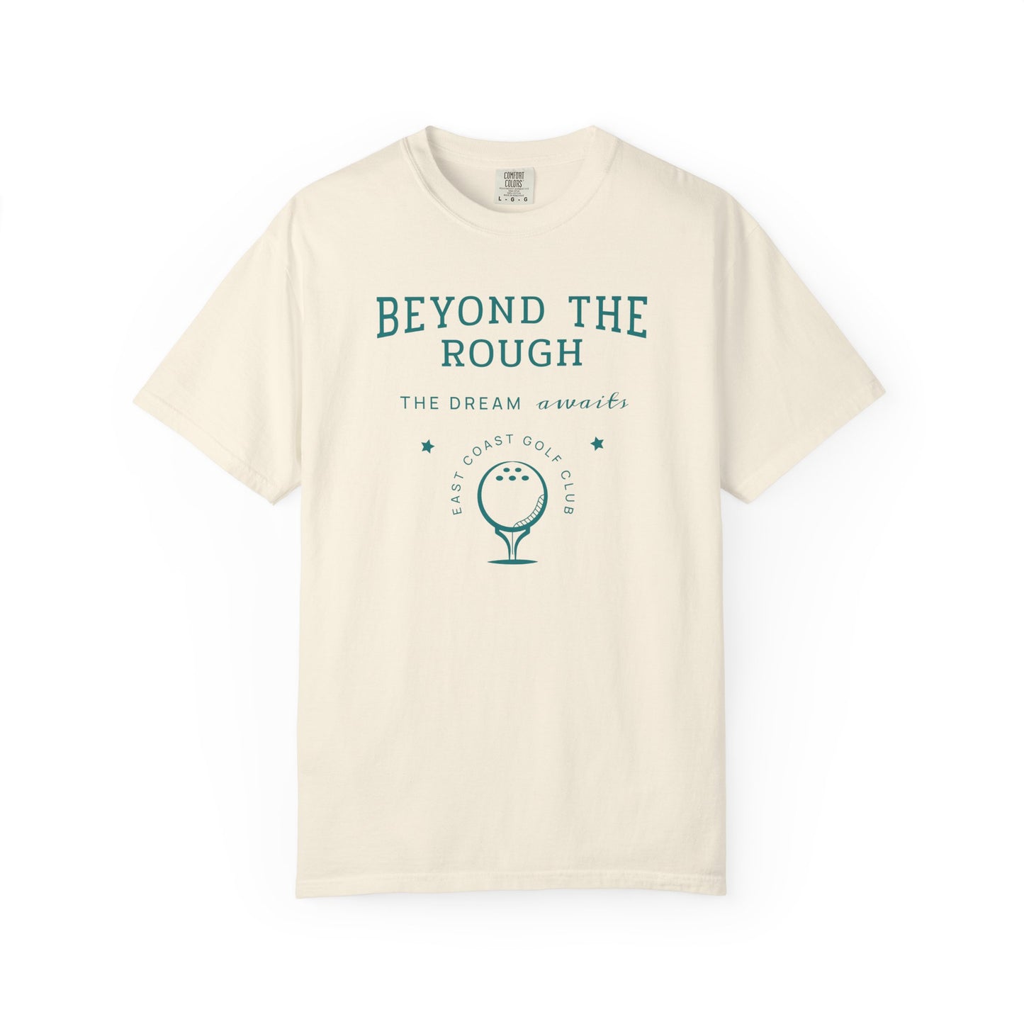 Beige t-shirt with 'Beyond the Rough' text and golf graphic on a white background