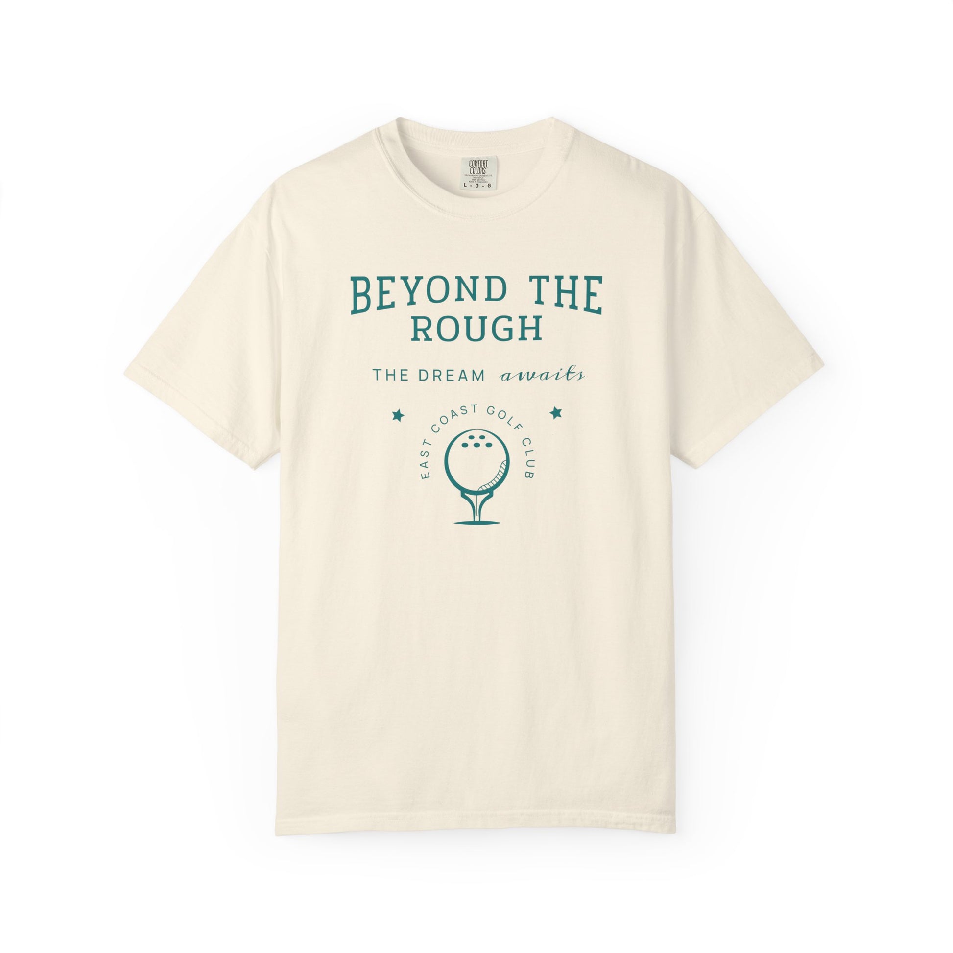 Beige t-shirt with 'Beyond the Rough' text and golf graphic on a white background