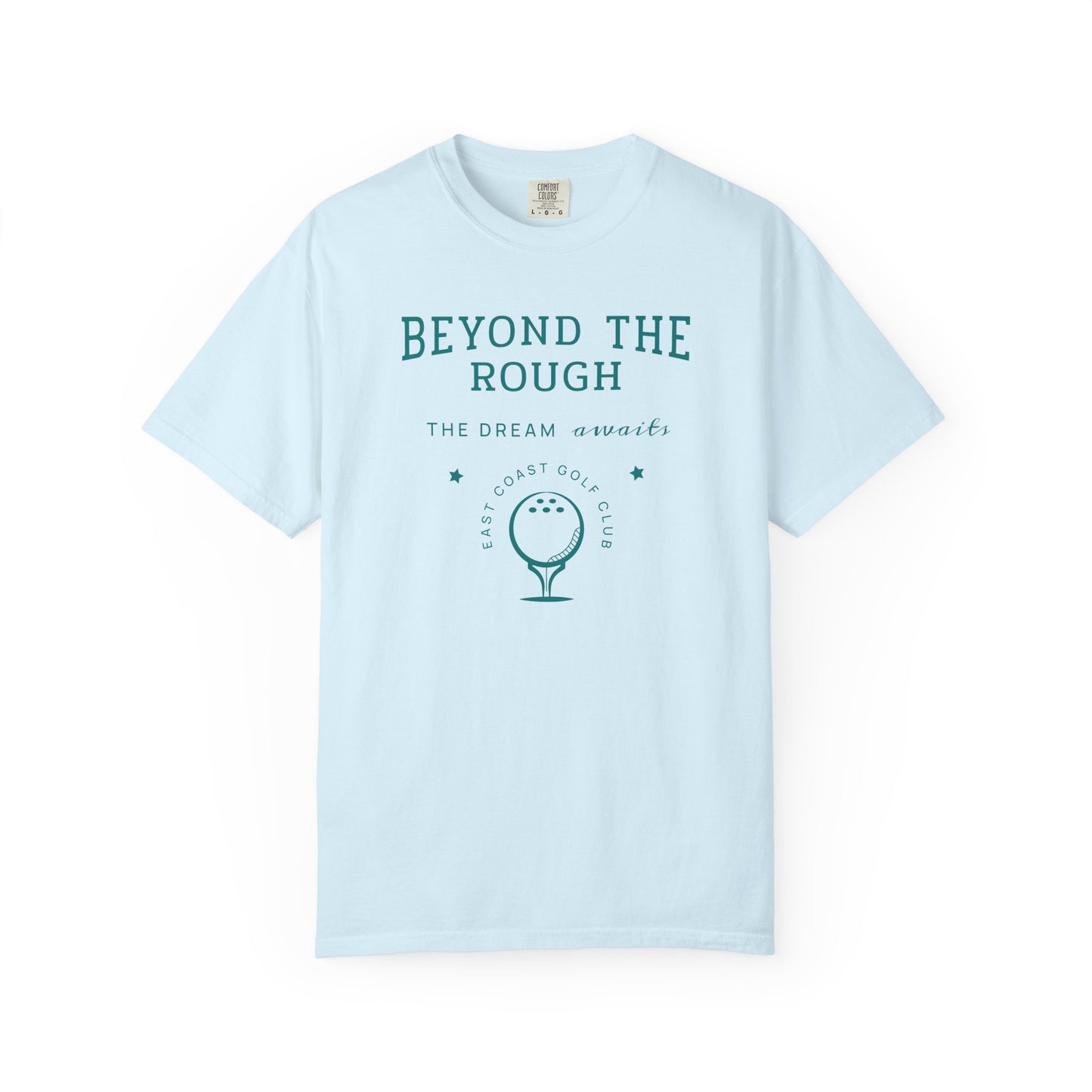 Light blue t-shirt with 'Beyond the Rough' text and golf graphic on a white background