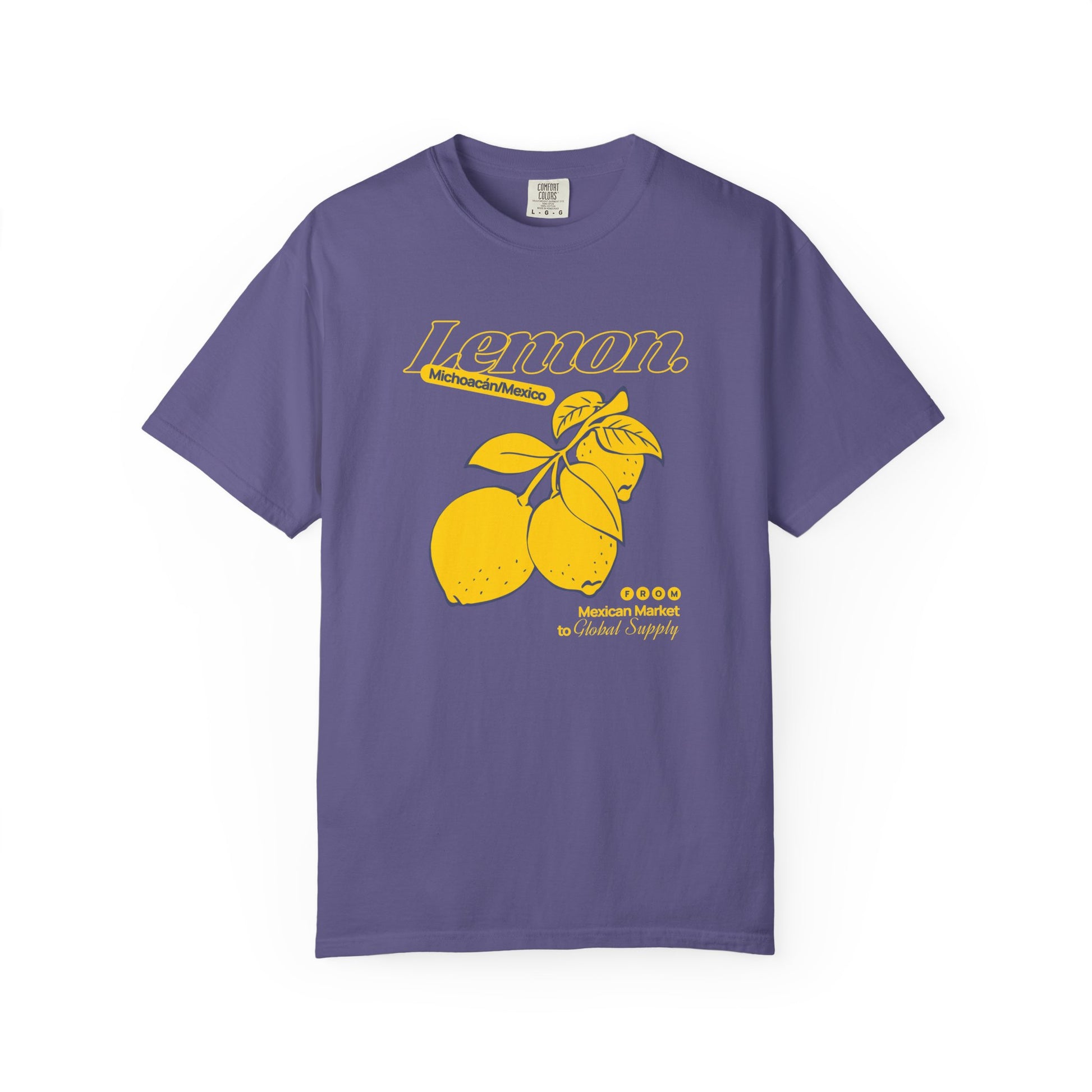 Purple t-shirt with yellow lemon graphic and text on a white background