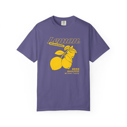 Purple t-shirt with yellow lemon graphic and text on a white background