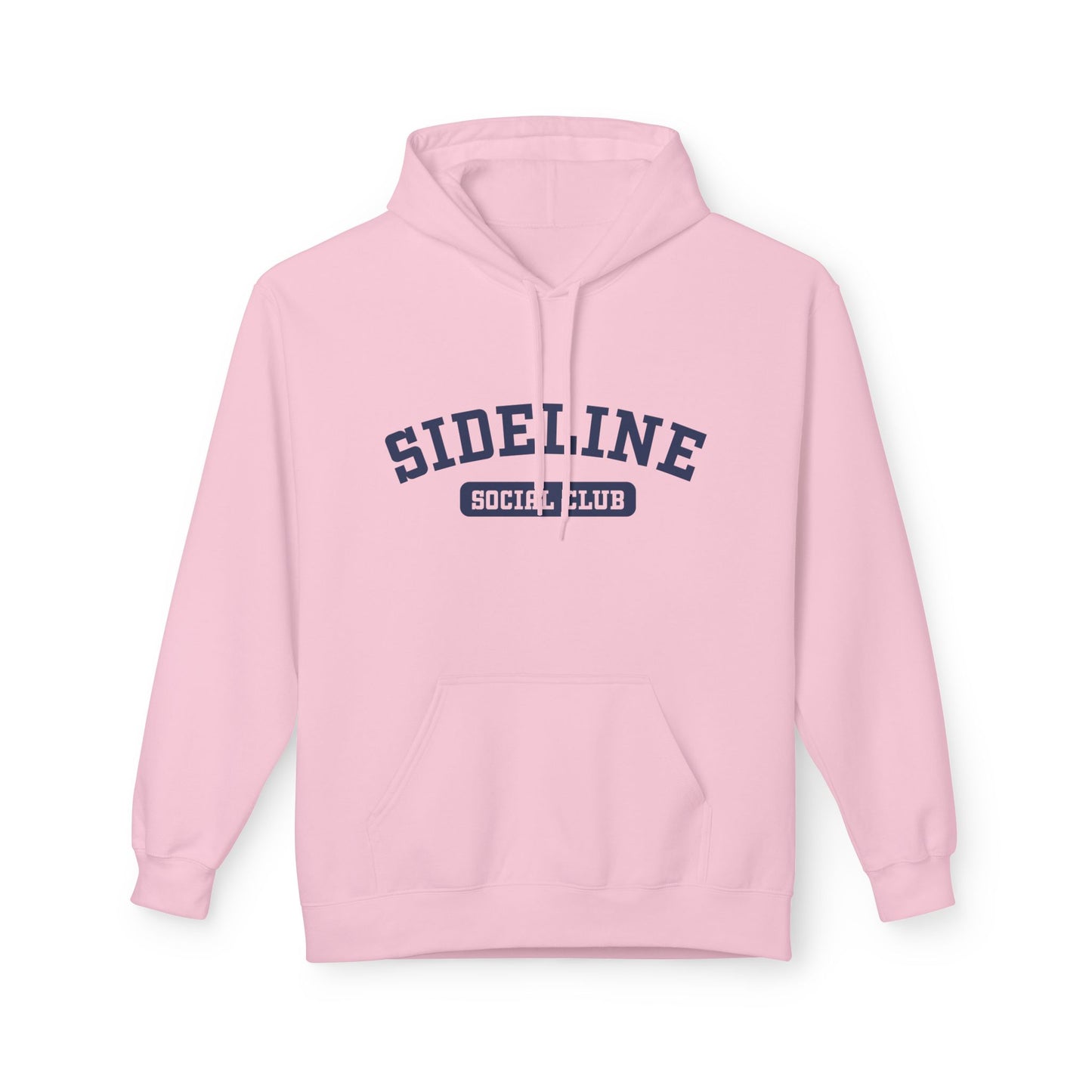 A light pink pullover hoodie with a navy blue 'SIDELINE SOCIAL CLUB' graphic printed on the chest, displayed against a clean white background.
