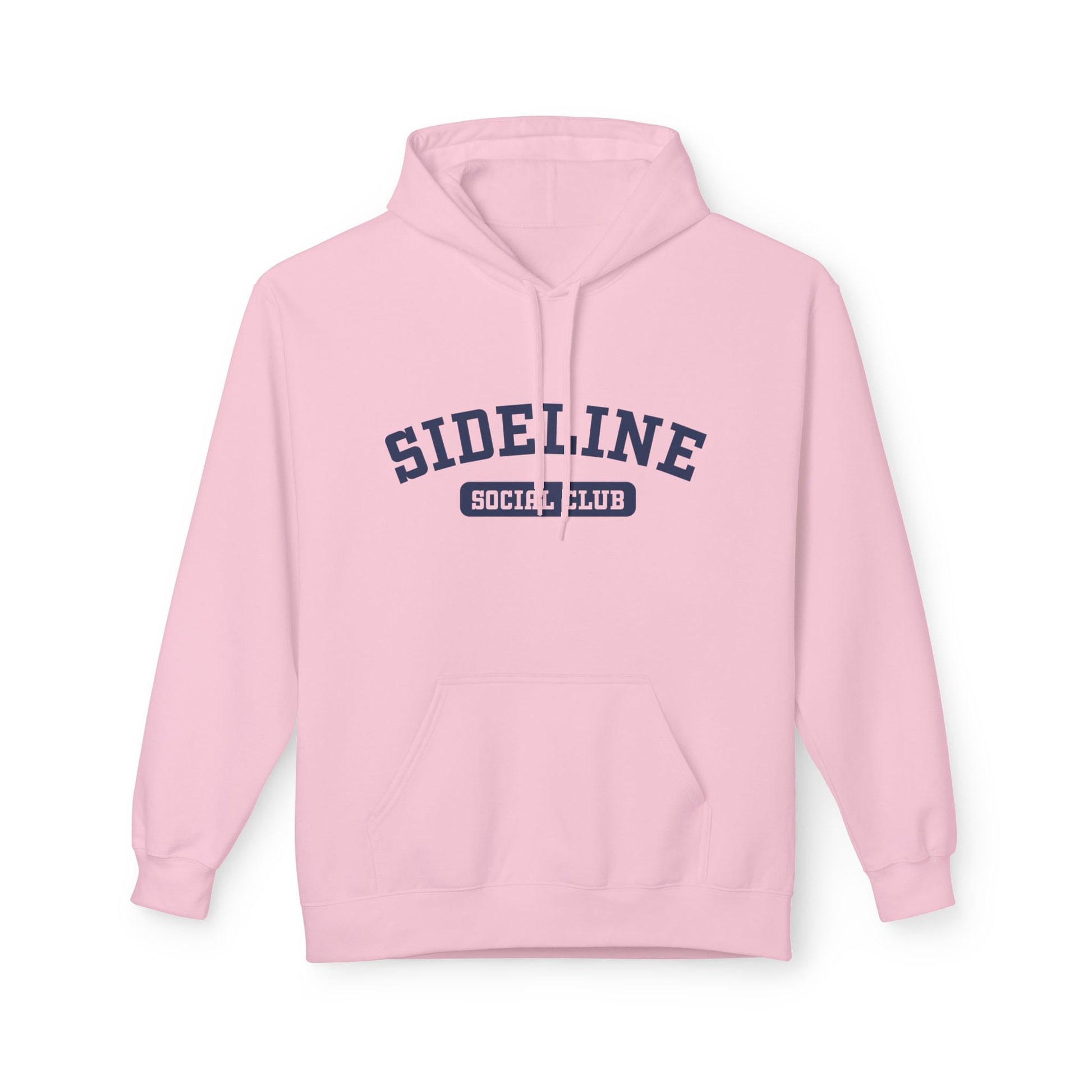 A light pink pullover hoodie with a navy blue 'SIDELINE SOCIAL CLUB' graphic printed on the chest, displayed against a clean white background.