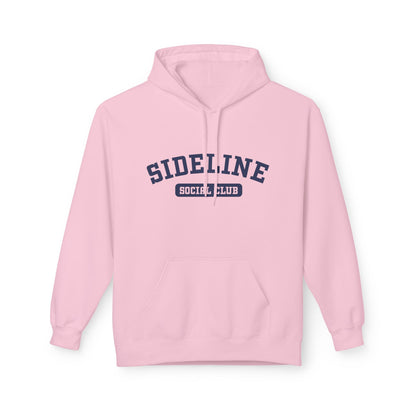 A light pink pullover hoodie with a navy blue 'SIDELINE SOCIAL CLUB' graphic printed on the chest, displayed against a clean white background.