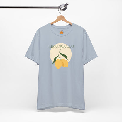 Light blue t-shirt with limoncello graphic on a hanger against a white background