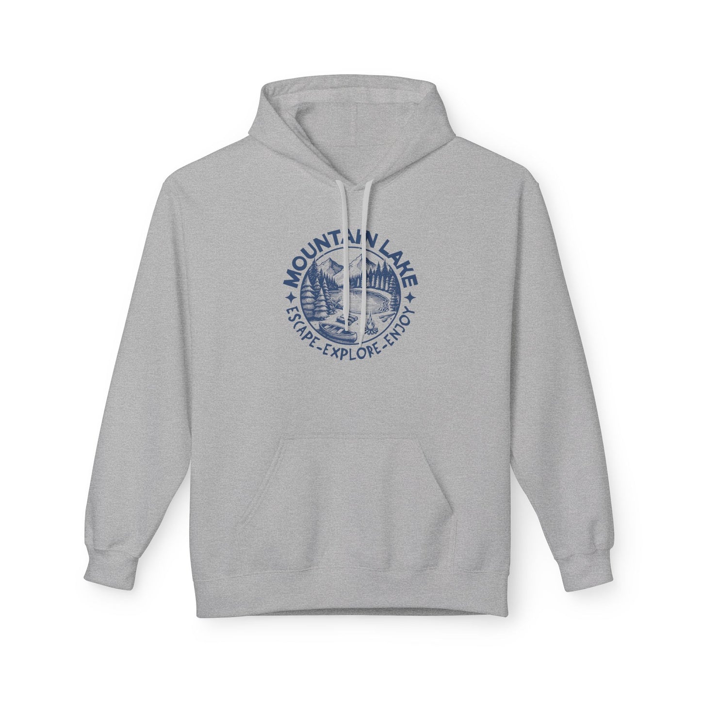 A light gray pullover hoodie with a blue circular 'Mountain Lake Escape-Explore Enjoy' graphic printed on the chest, displayed against a plain white background.