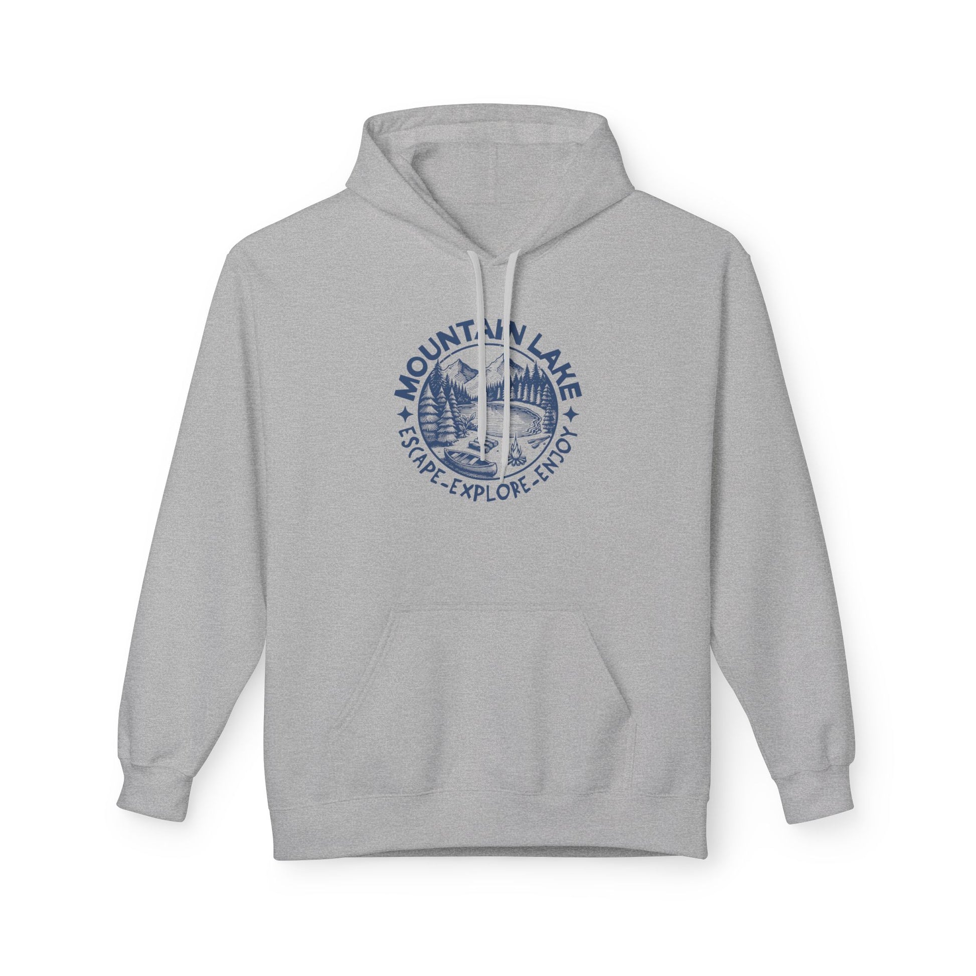 A light gray pullover hoodie with a blue circular 'Mountain Lake Escape-Explore Enjoy' graphic printed on the chest, displayed against a plain white background.
