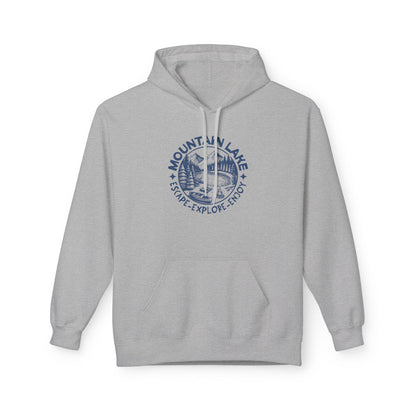 A light gray pullover hoodie with a blue circular 'Mountain Lake Escape-Explore Enjoy' graphic printed on the chest, displayed against a plain white background.