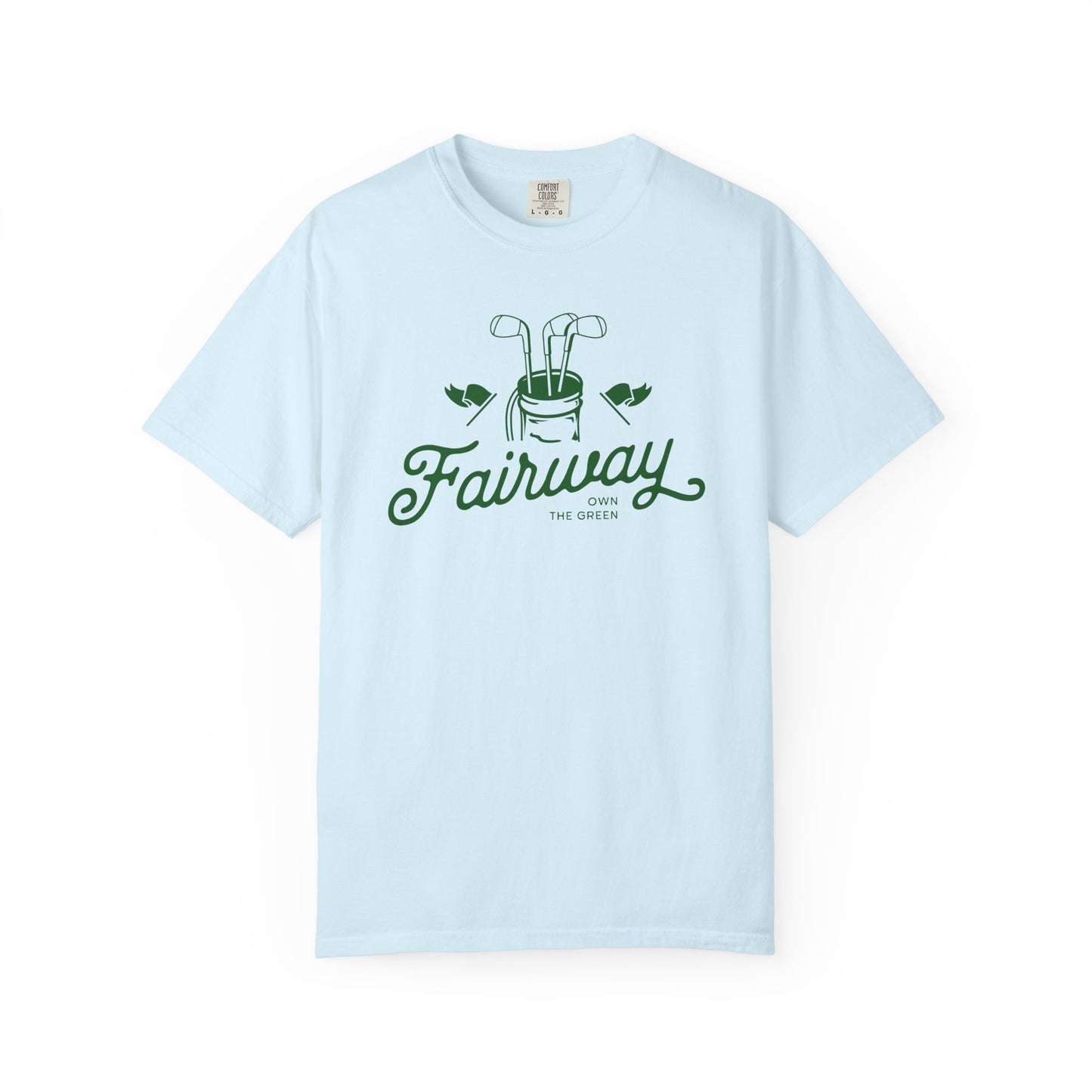 Light blue t-shirt with 'Fairway' graphic design on a white background