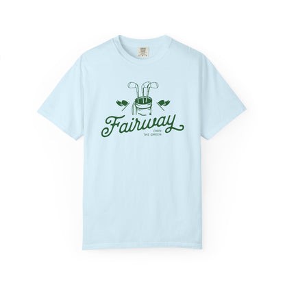 Light blue t-shirt with 'Fairway' graphic design on a white background