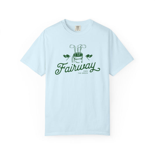 Light blue t-shirt with 'Fairway' graphic design on a white background