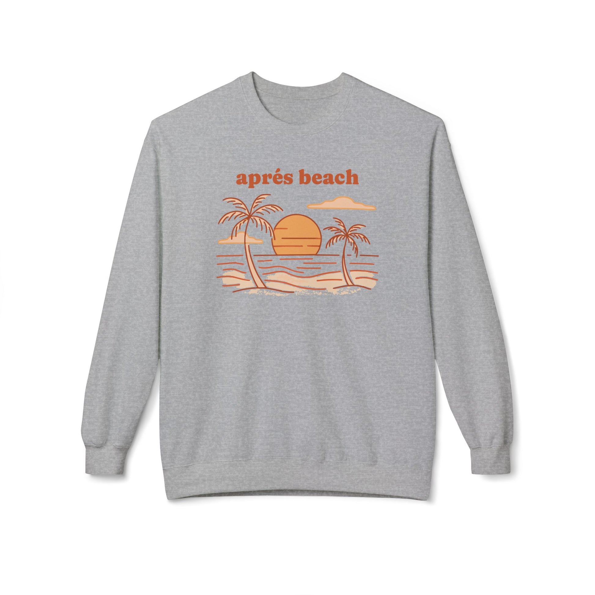 A heather gray crewneck sweatshirt featuring a retro beach graphic with the text 'après beach' in orange above a stylized illustration of palm trees, sand, and water.