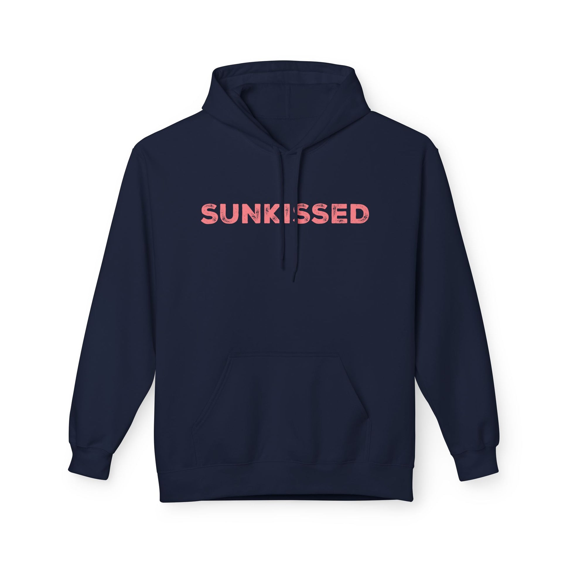 Navy blue hoodie with 'SUNKISSED' text on a white background
