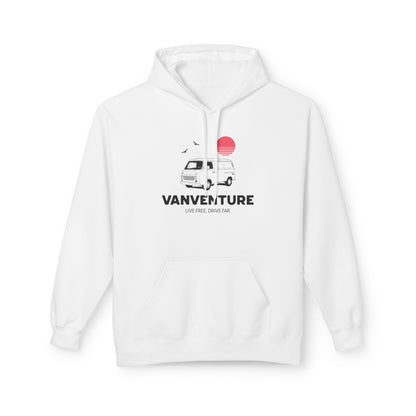 A white pullover hoodie with a front graphic print featuring a retro camper van, a red sun, birds, and the text 'VANVENTURE' and 'LIVE FREE, DRIVE FAR'.