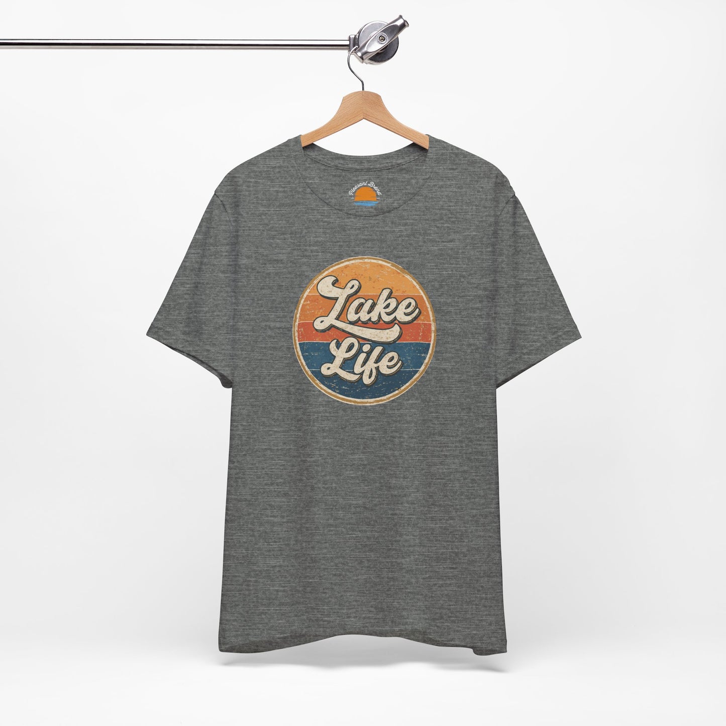 Gray t-shirt with 'Lake Life' graphic on a hanger against a white background