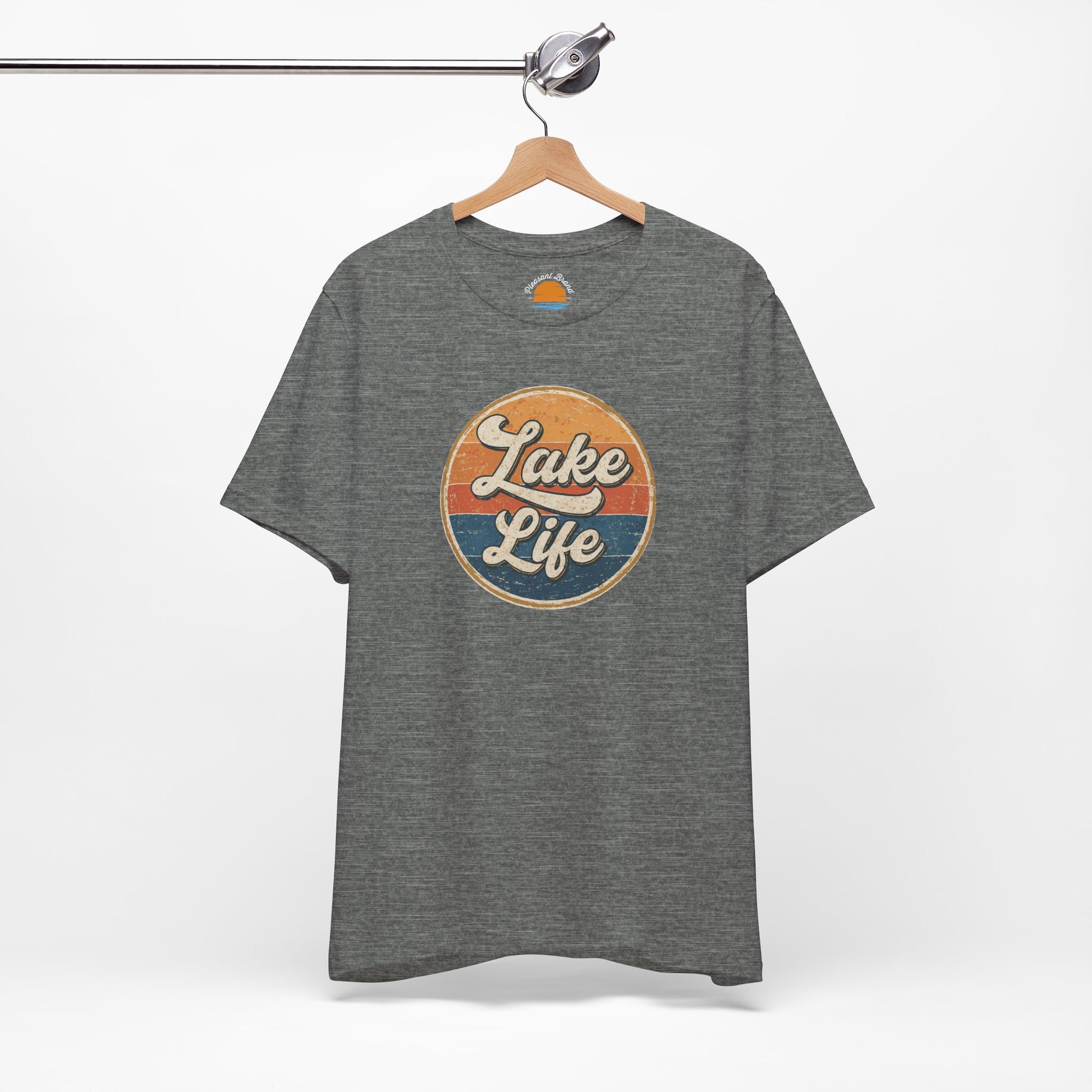 Gray t-shirt with 'Lake Life' graphic on a hanger against a white background
