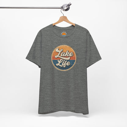 Gray t-shirt with 'Lake Life' graphic on a hanger against a white background