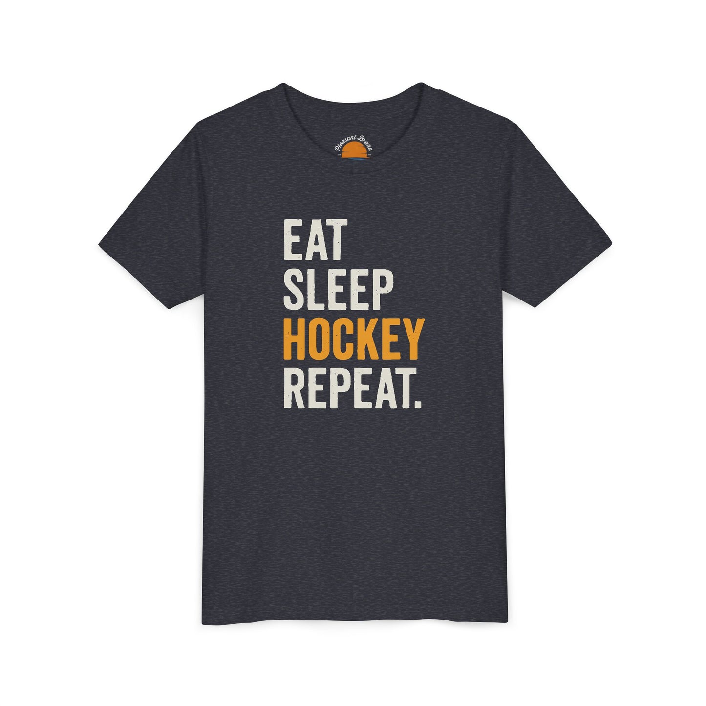 Heather navy t-shirt with 'Eat Sleep Hockey Repeat' text on a white background