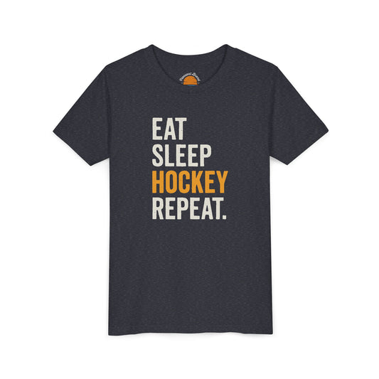 Heather navy t-shirt with 'Eat Sleep Hockey Repeat' text on a white background